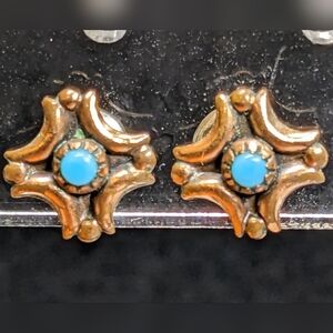 Copper And Faux Turquoise Earrings, Pierced, Vintage